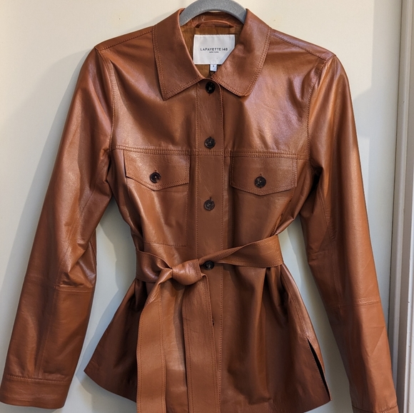 Lafayette 148 New York Leather jacket. Size: Small. Color: Caramel - Picture 4 of 9